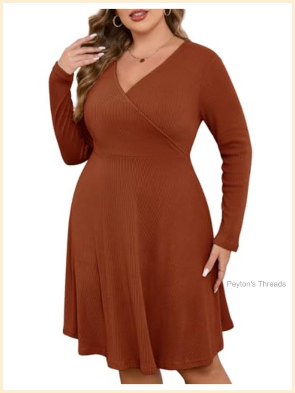 ZOMVA Plus Size Ribbed Knit Sweater Dress V-Neck A-Line Knee Length Long Sleeve